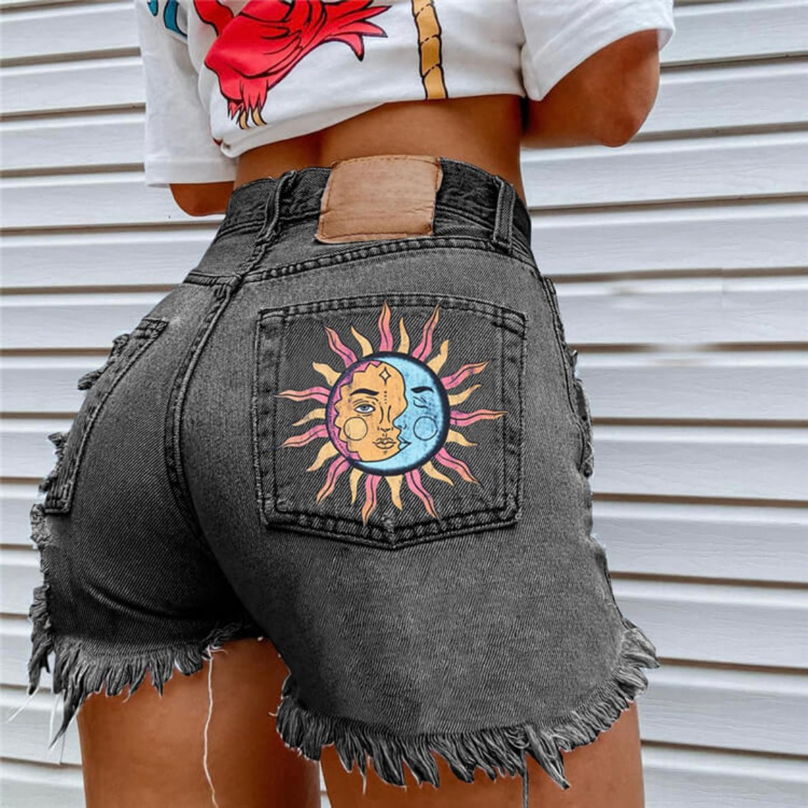 Contrast Sun and Moon Denim Shorts