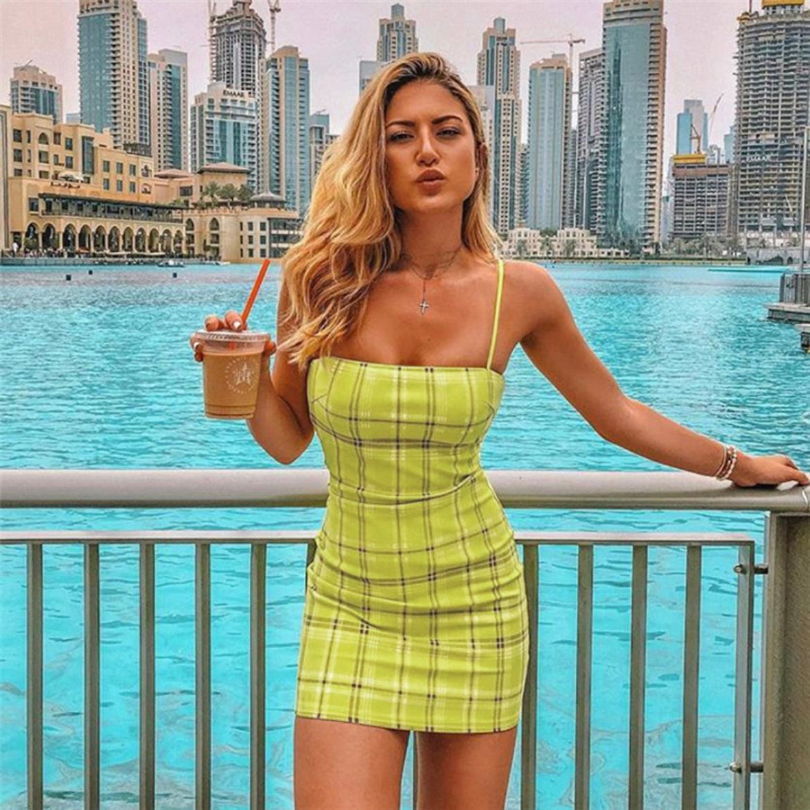 Green Checkered Plaid Mini Dress