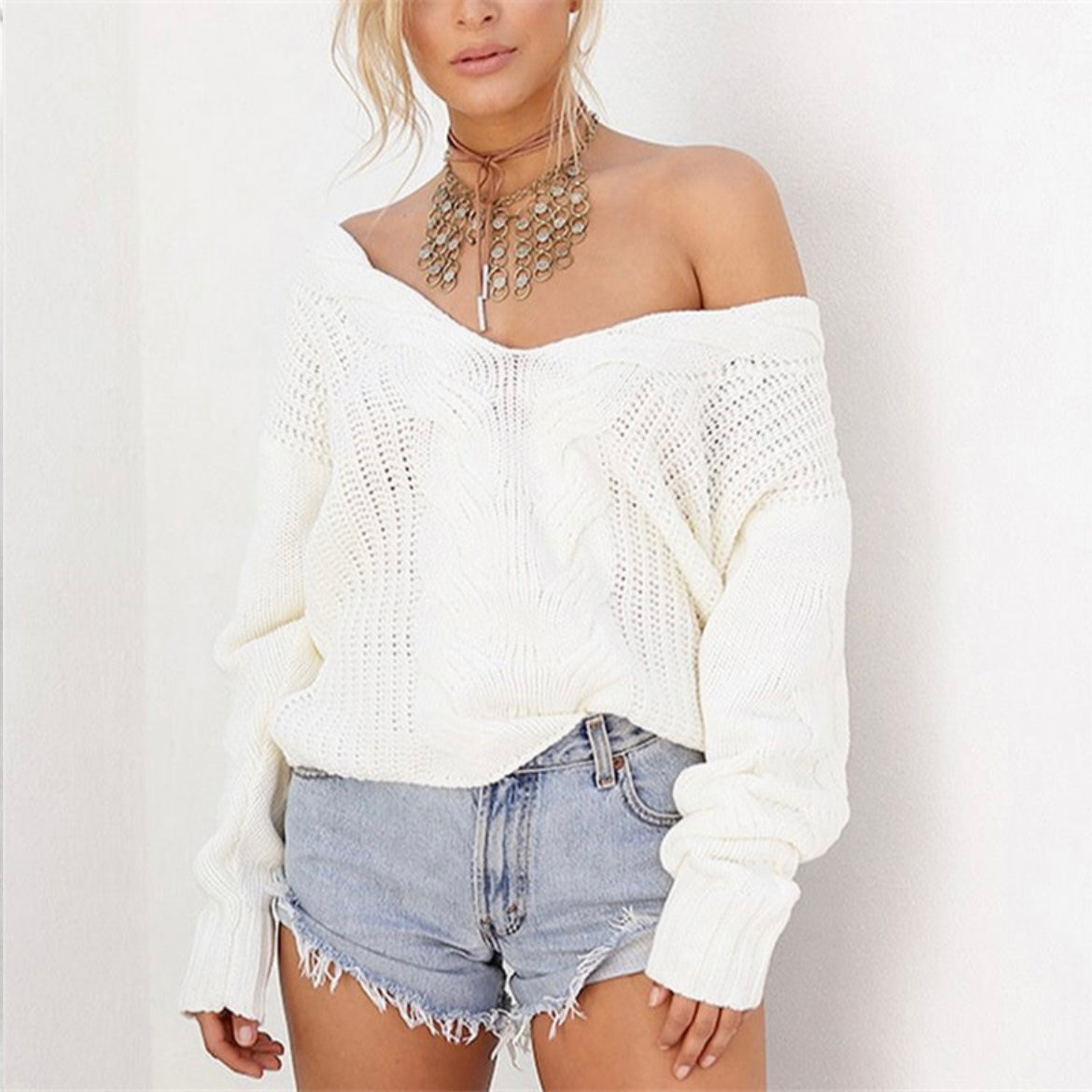 Casual V-neck Braided Knitwear