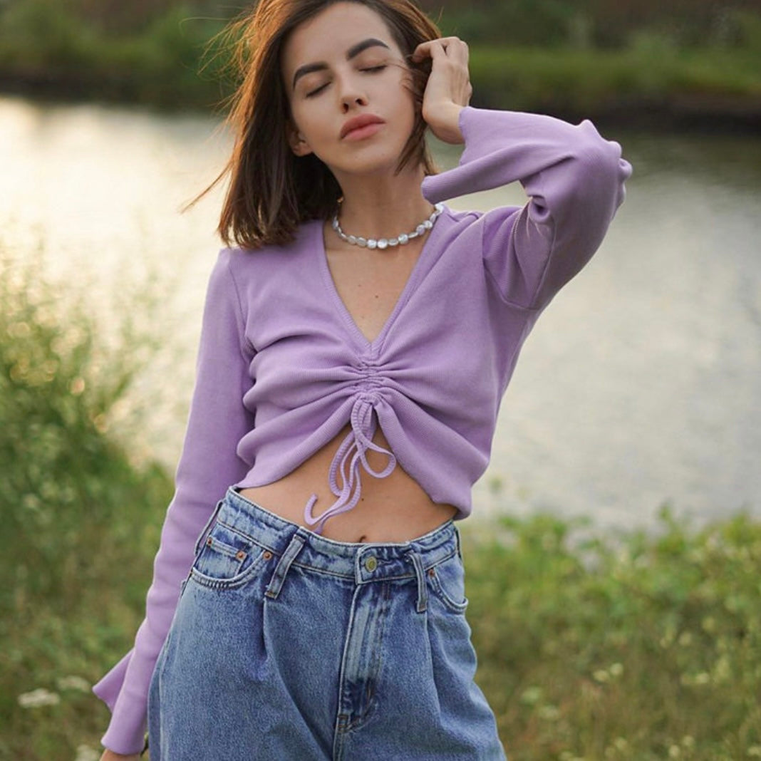 V Neck Flare Sleeve Crop Top