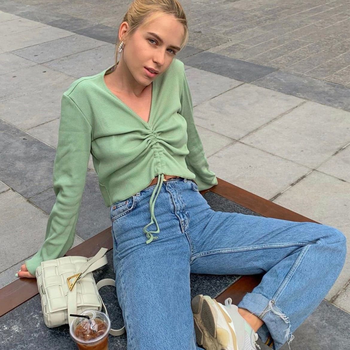 V Neck Flare Sleeve Crop Top