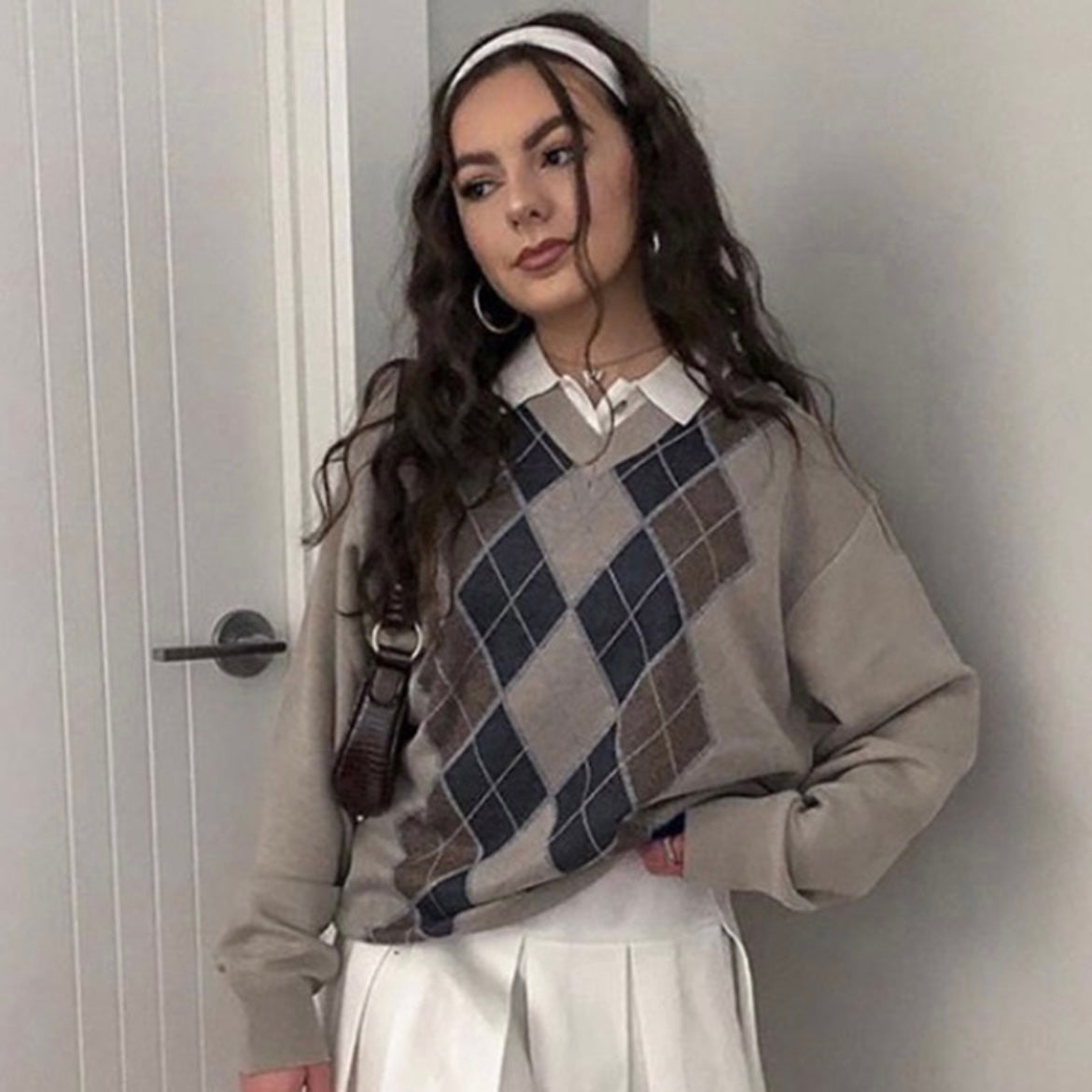 Argyle Loose Long Sleeve Knit Top