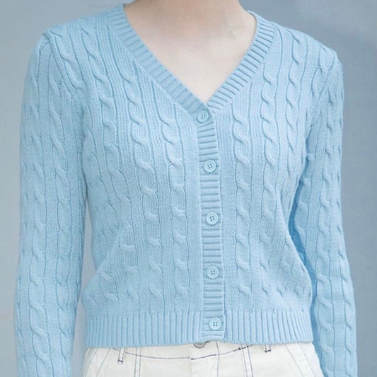V neck Solid Long Sleeve Knitted Top