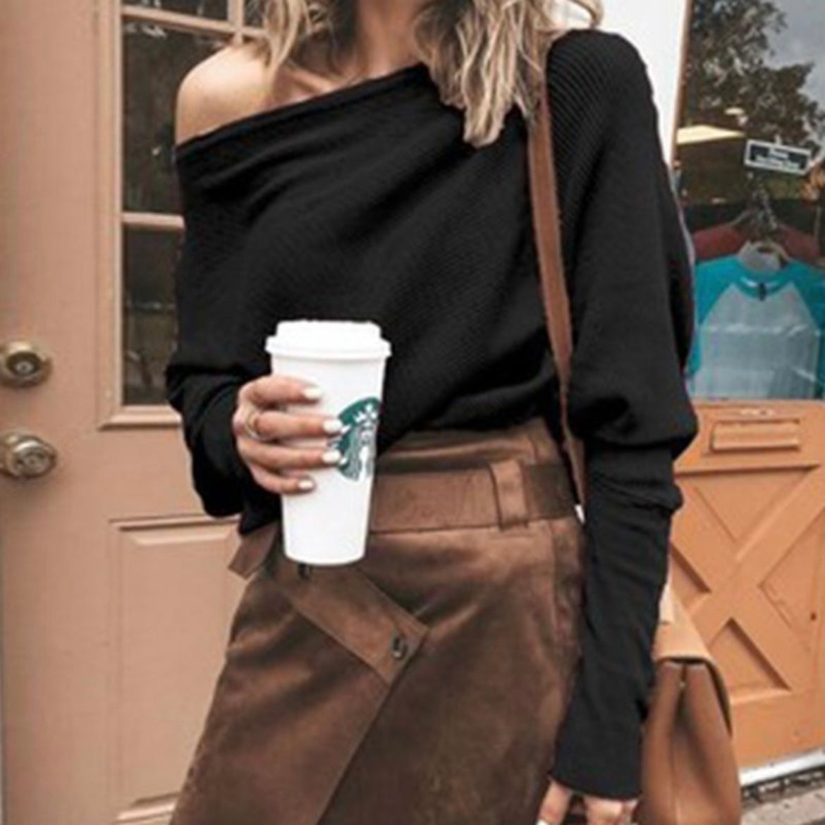 Oblique Shoulder Dolman Sleeve Knitwear