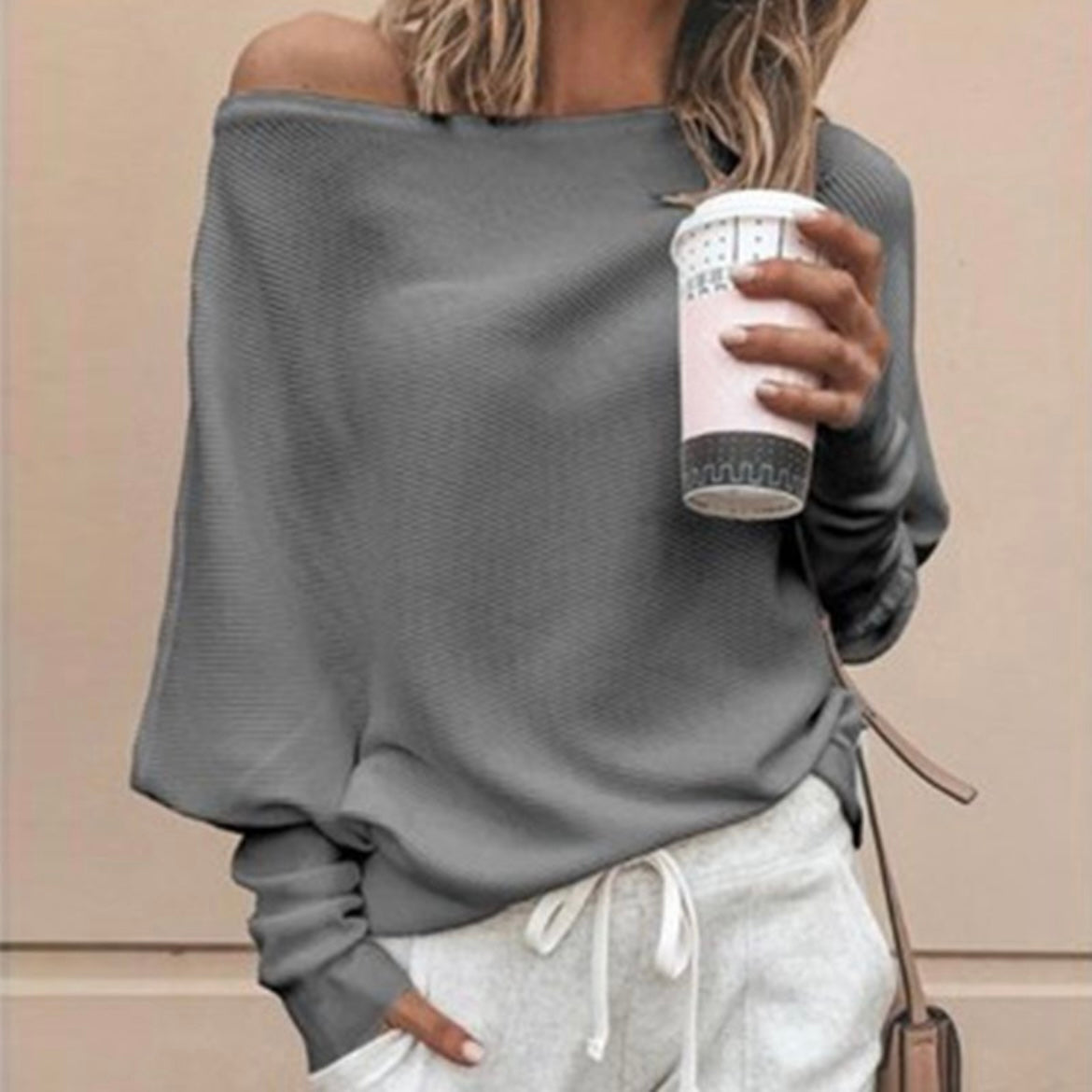 Oblique Shoulder Dolman Sleeve Knitwear