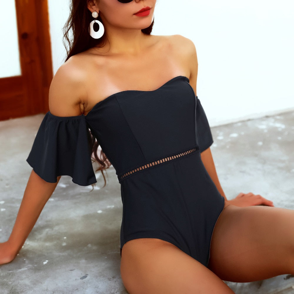 Bandeau Ruffle Off Shoulder High Waist Swim Suit