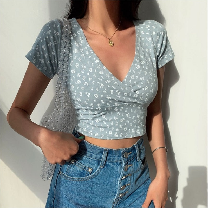 Floral V-neck Short Sleeve T-shirt