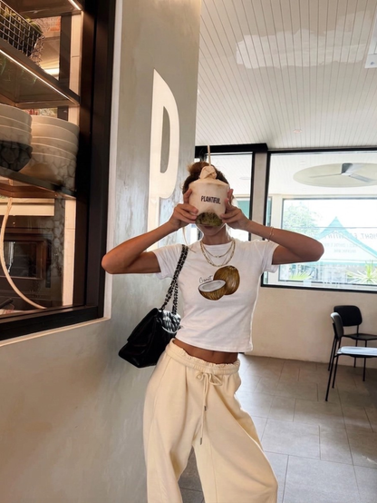 Coconut Graphic Y2K Baby Tee - White Slim Fit Crop Top