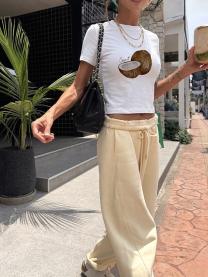 Coconut Graphic Y2K Baby Tee - White Slim Fit Crop Top
