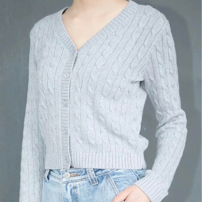 V neck Solid Long Sleeve Knitted Top
