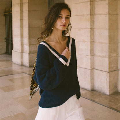 V Neck Contrast Long Sleeve Sweater