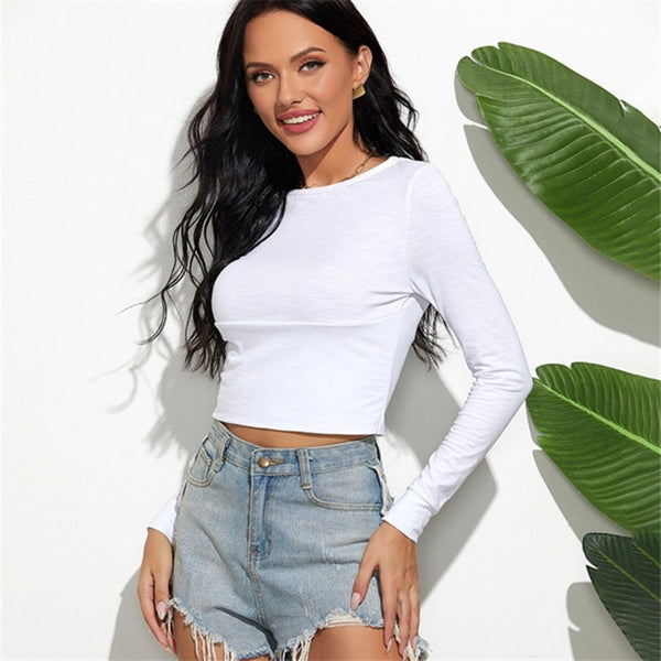 Round Neck Cropped Long Sleeves Tee