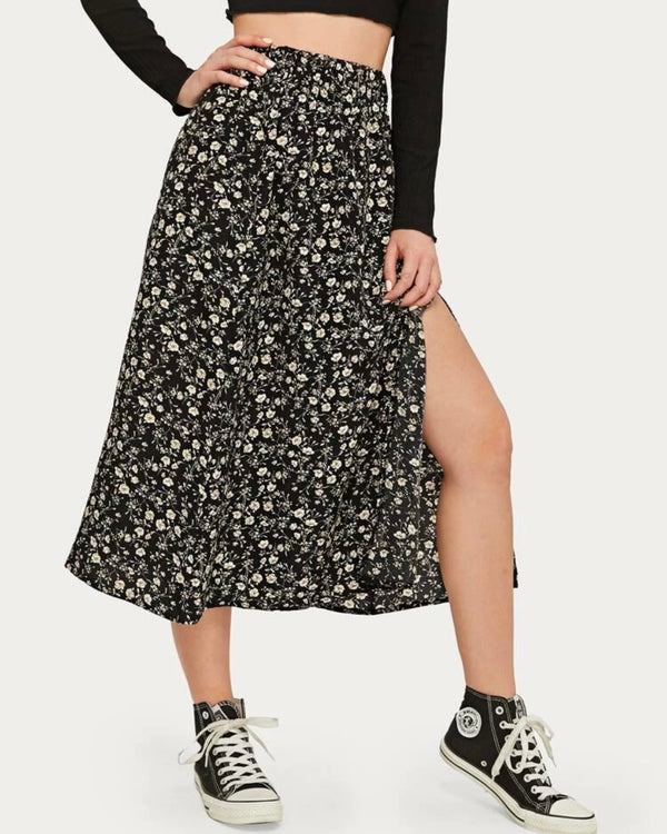 Floral Thigh Midi Skirt