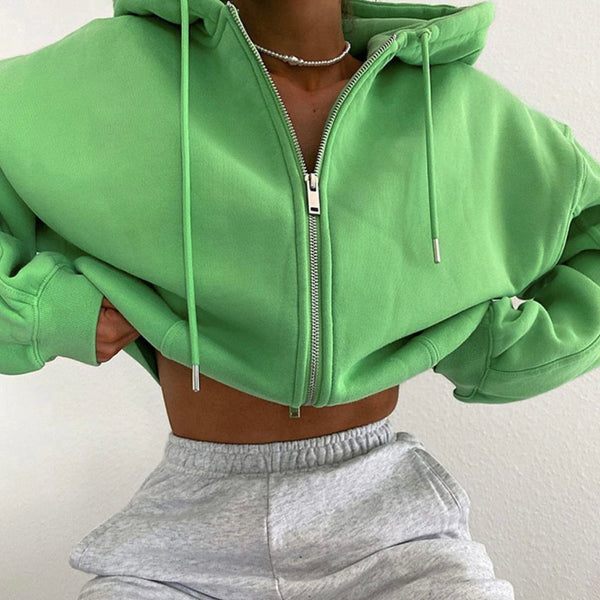 Green Hooded Zipper Loose Coat