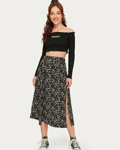 Floral Thigh Midi Skirt