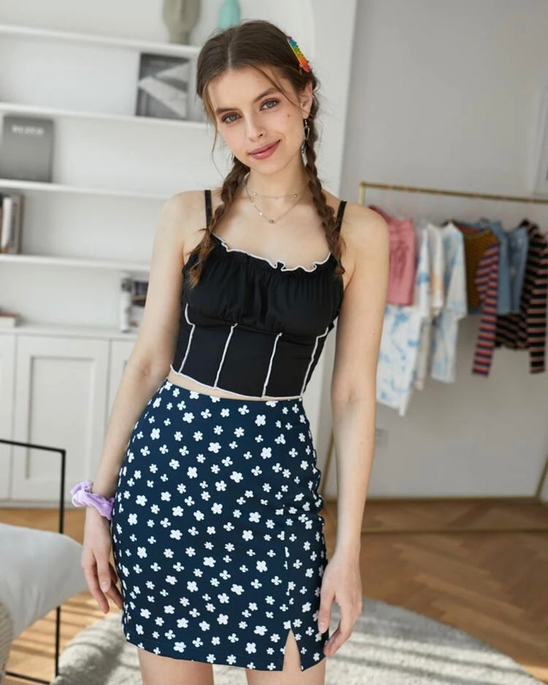 Black Floral Slit Mini Skirt