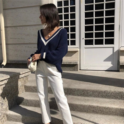 V Neck Contrast Long Sleeve Sweater