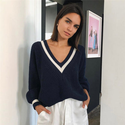 V Neck Contrast Long Sleeve Sweater