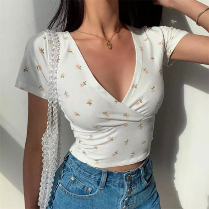 Floral V-neck Short Sleeve T-shirt