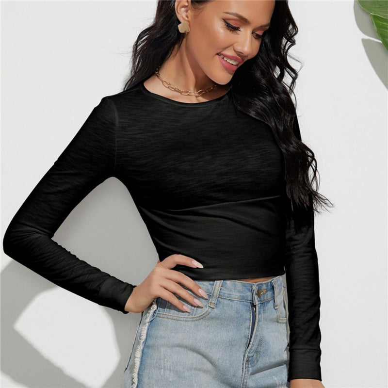 Round Neck Cropped Long Sleeves Tee