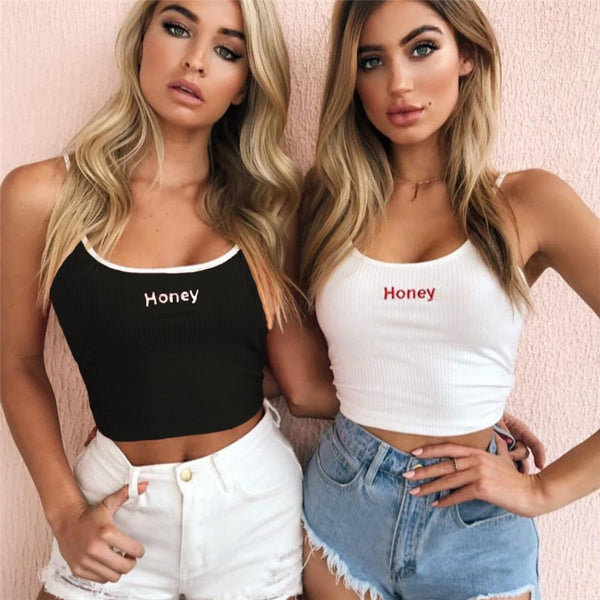 Honey Letter Embroidery Strap Tank Tops