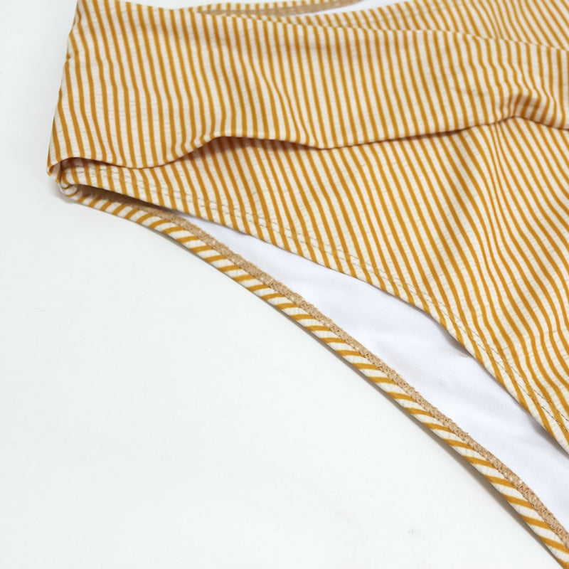 Yellow Stripe High Waist Belt Bikini Set
